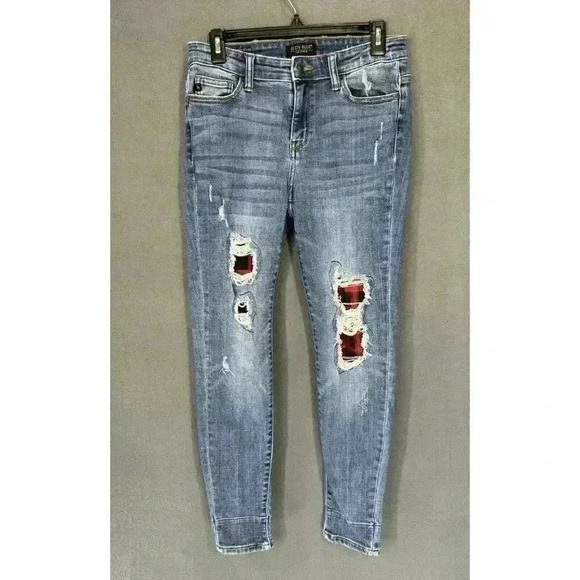 Judy Blue Skinny Fit Jeans Womens Size 7/28 Buffalo Plaid Distressed JB82167MD - Picture 3 of 12